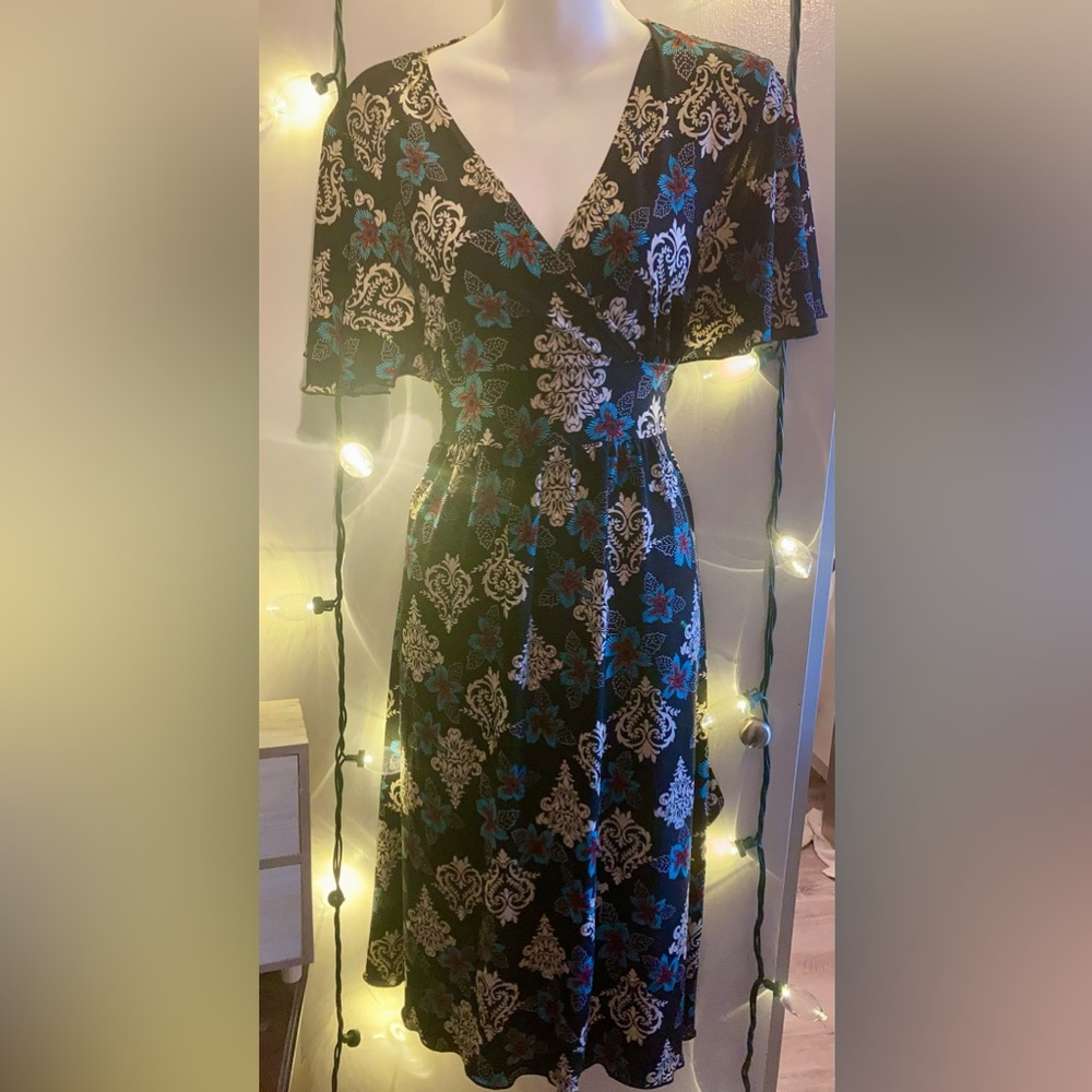 Floral Off-Shoulder Dress with Blue Accents